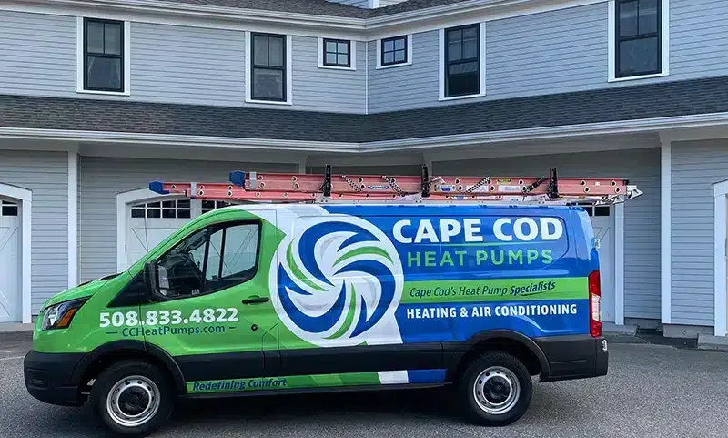 Cape Heating AC & Electric truck in front of residential home on Cape Cod, MA.
